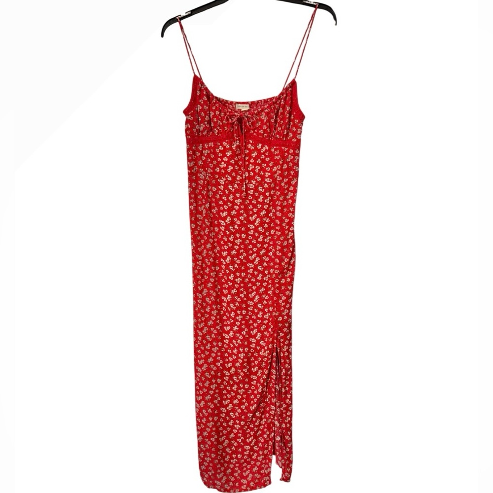 Aeropostale Red Floral Maxi Dress Spaghetti Straps Side Slit Size L